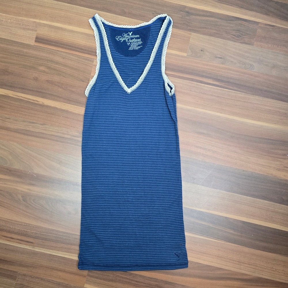 Vintage Y2K American Eagle Blue Striped Lace Trim Longline Tank Top Small